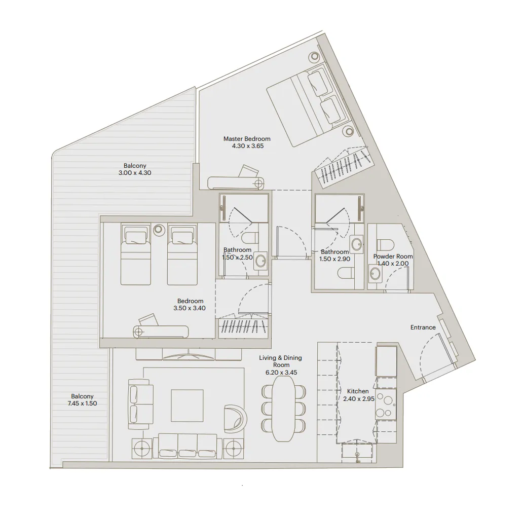 Eleve 2 bed floor plan, 1,286 sqft