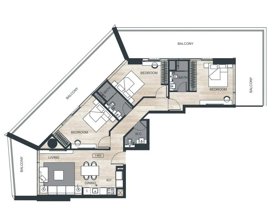 Binghatti Ghost 3 bed floor plan, 1,897 sqft