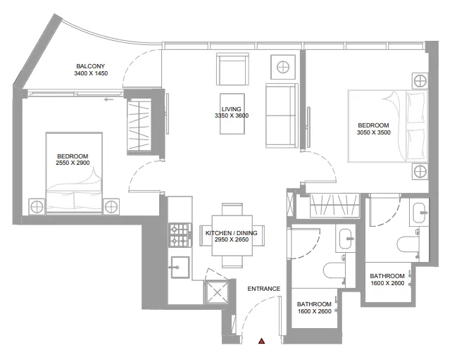 Canalside Marina Residences 2 bed floor plan, 675 – 676 sqft