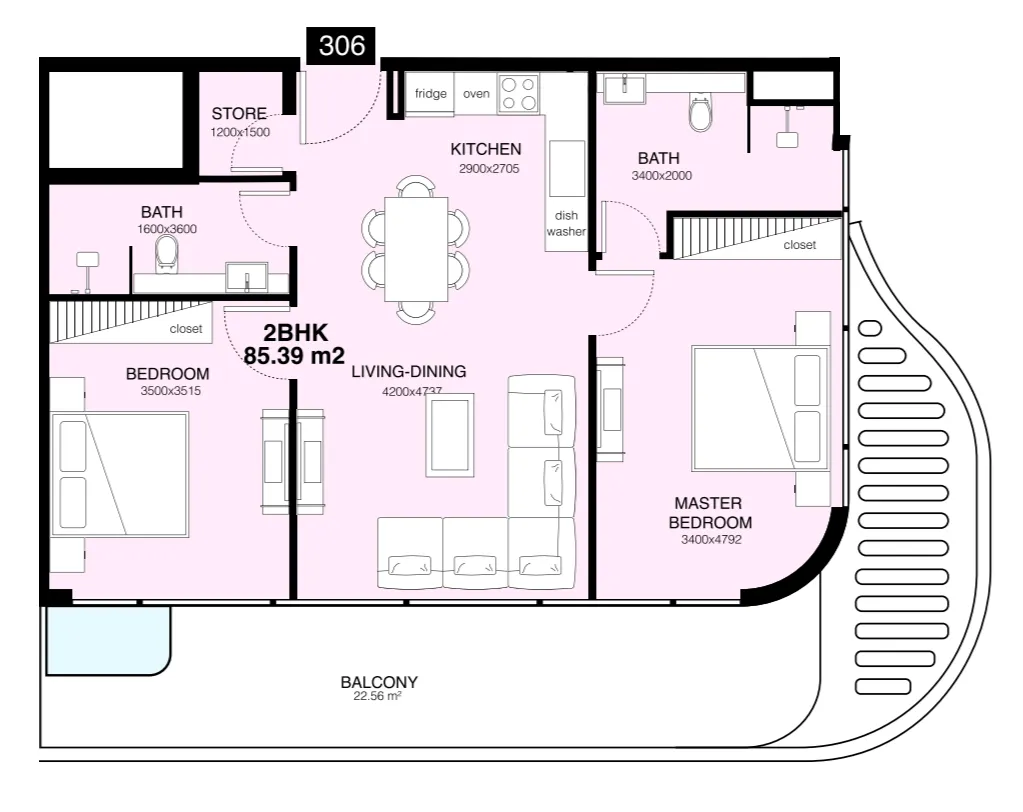 Villa Del Gavi 2 bed floor plan, 1,084 sqft