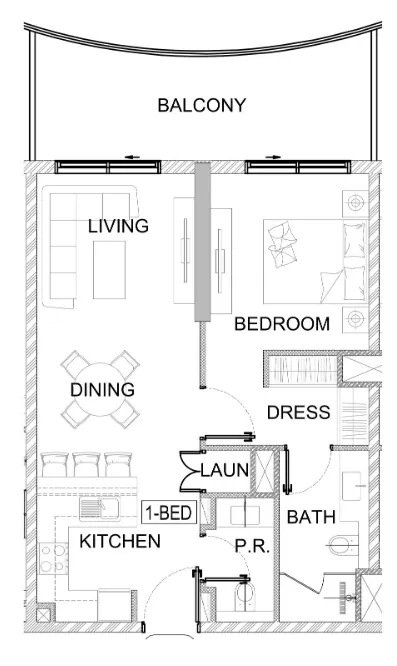 Valencia 1 bed floor plan, 759 sqft