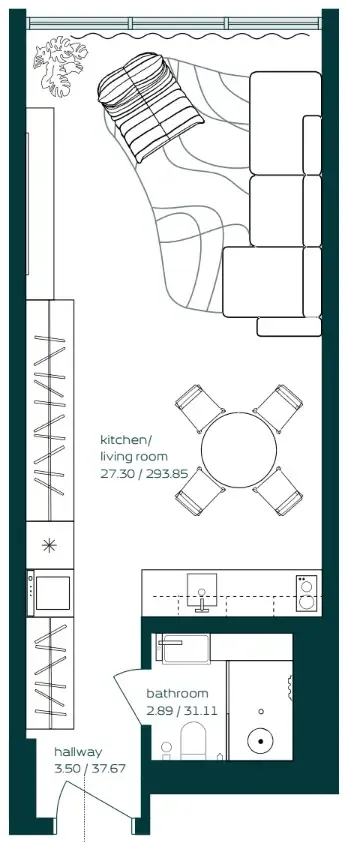 Vibe Studio floor plan, 411 sqft