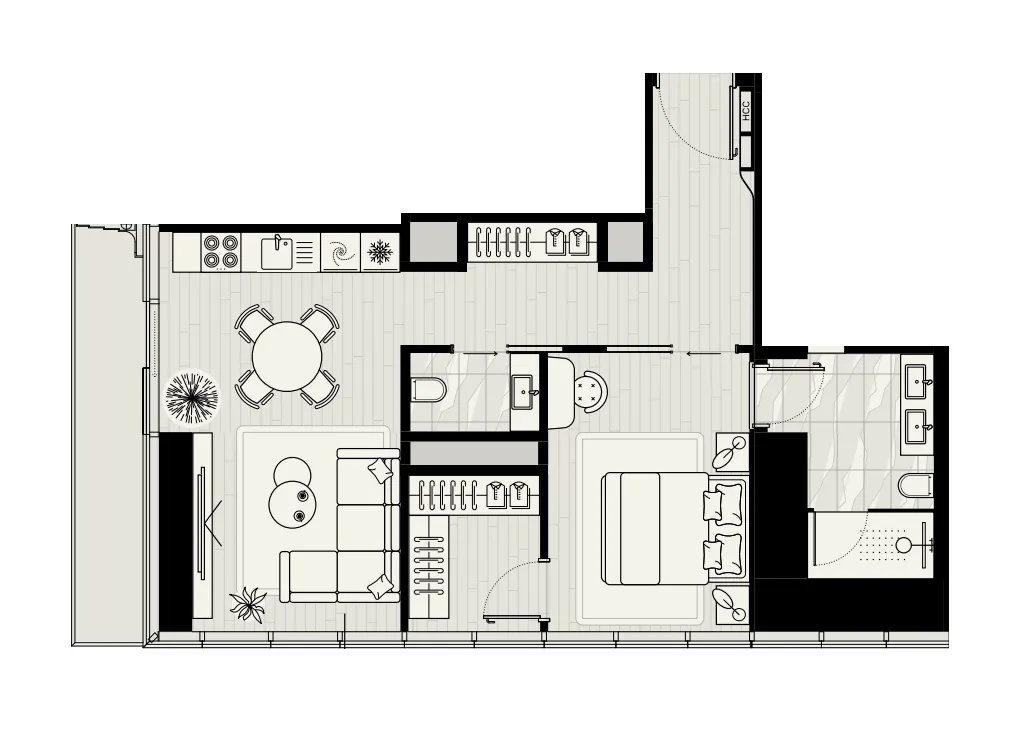 Iconic Tower 1 bed floor plan, 866 sqft