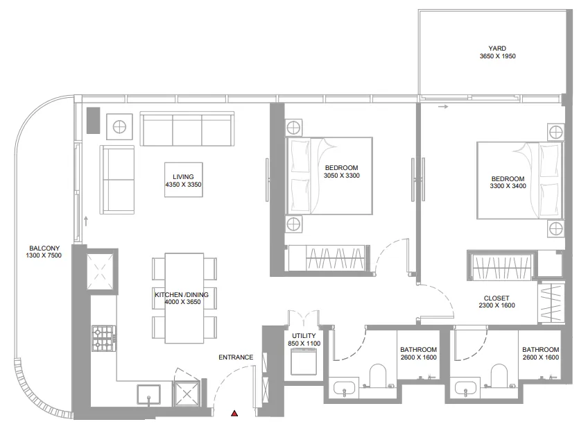 Canalside Marina Residences 2 bed floor plan, 1,063 – 1,066 sqft