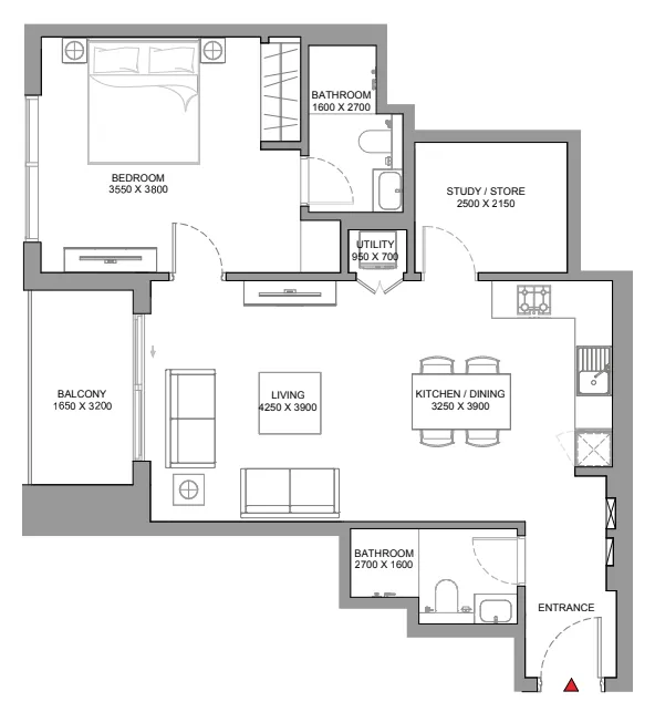 Skyscape 1 bed floor plan, 1,089 – 1,139 sqft