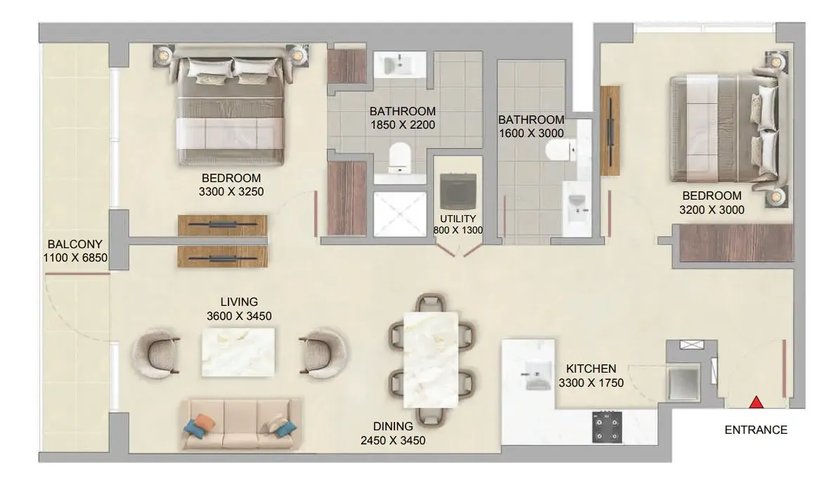 The Woods at Sobha Sanctuary 2 bed floor plan, 964 sqft