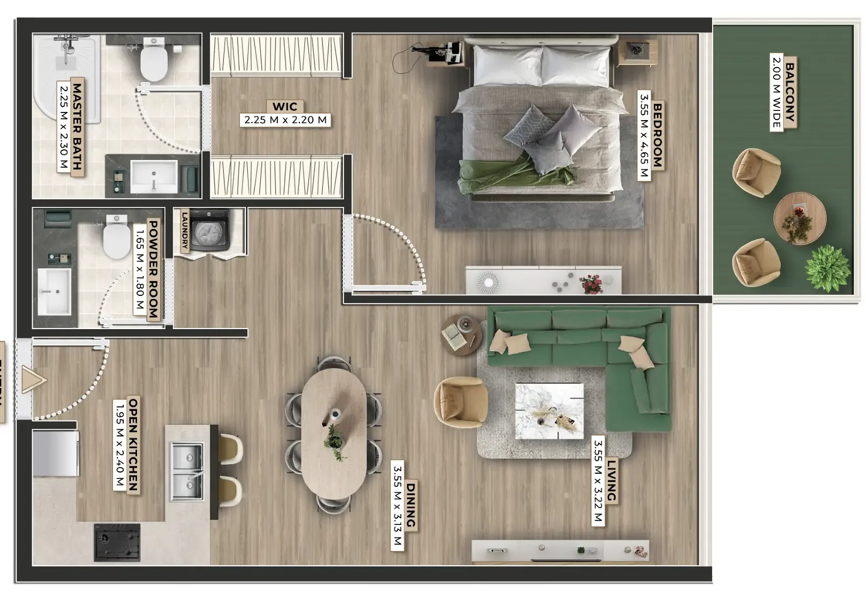 Firoza 1 bed floor plan, 822 sqft