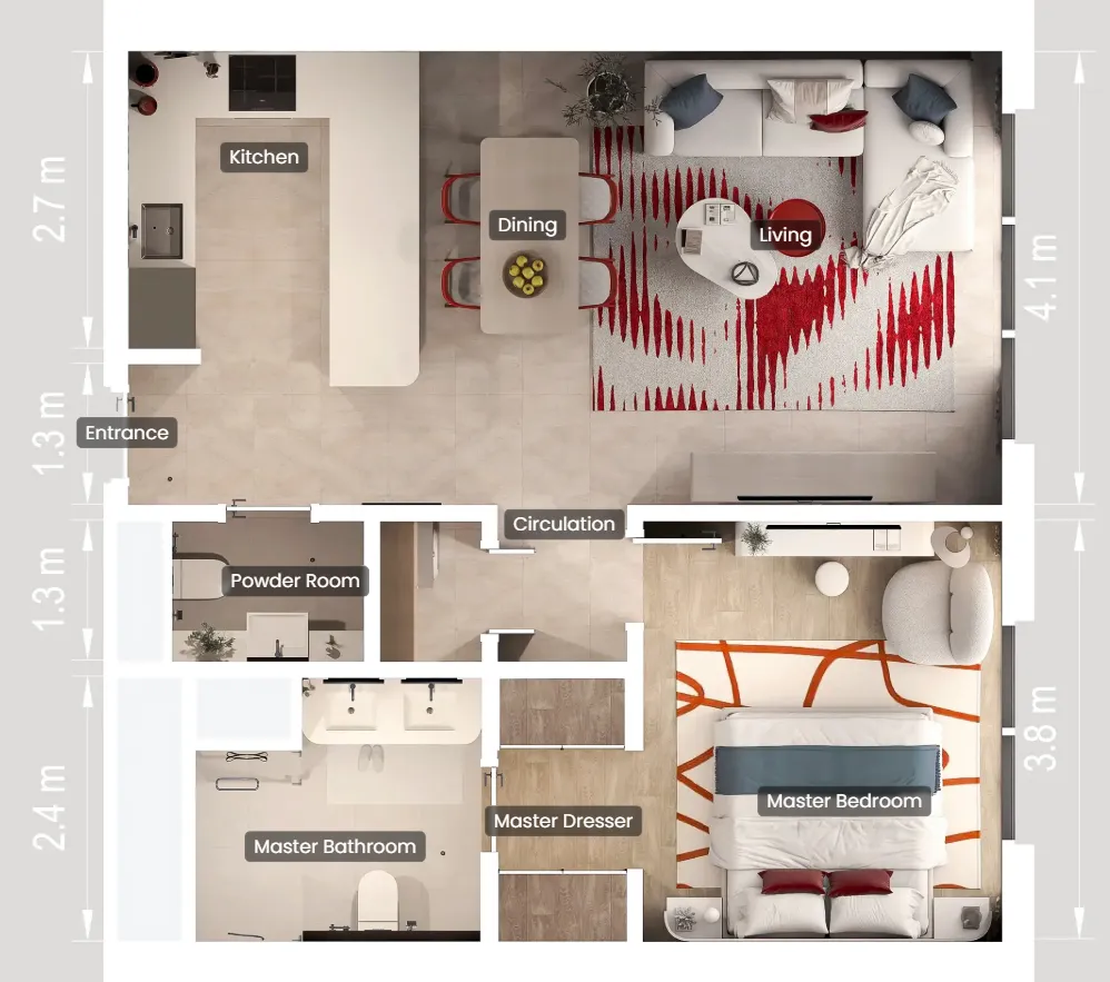Rosso Bay Residences 1 bed floor plan, 904 sqft