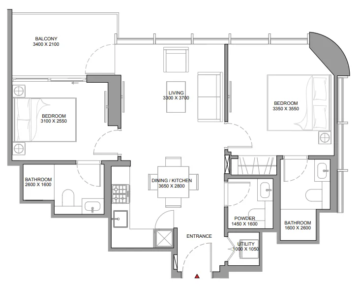 Sobha Aquamont 2 bed floor plan, 771 sqft