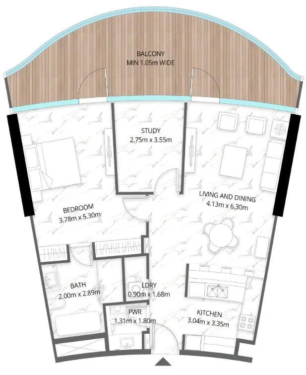 Aqua Arc 1 bed floor plan, 1,305 sqft