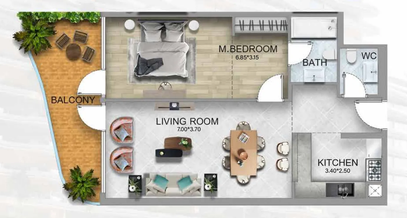 311 Boulevard 1 bed floor plan, 894 sqft