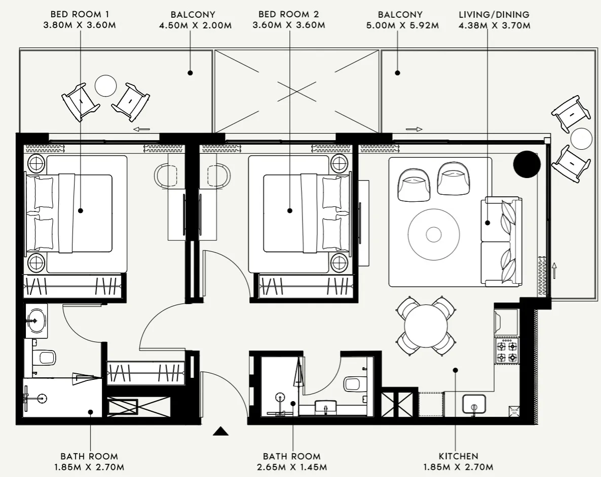 Azizi Venice 2 bed floor plan, 1,093 sqft