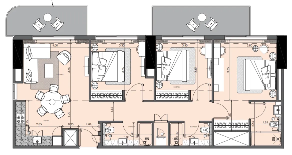 Azizi Wasel 3 bed floor plan, 1,329 sqft