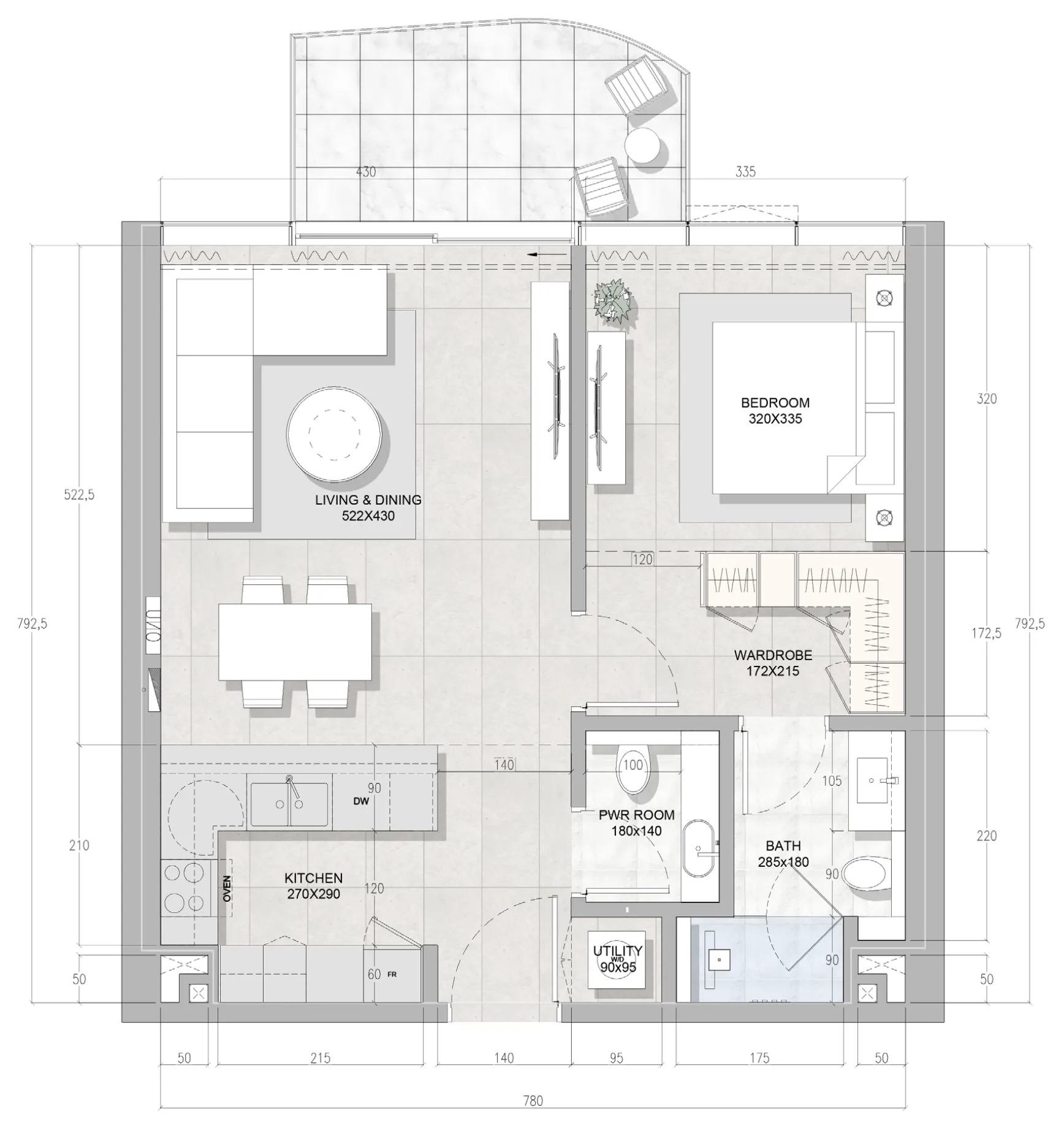 Solera Downtown Mina 1 bed floor plan, 801 sqft