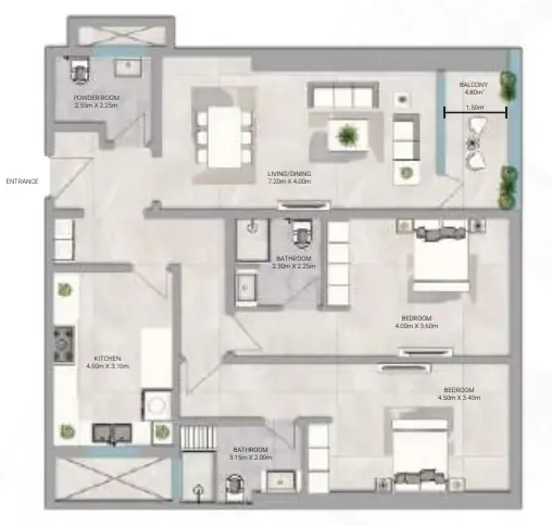 Amwaj Tower 2 bed floor plan, 1,858 sqft