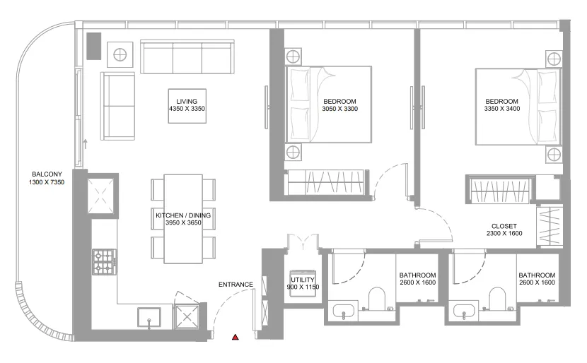 Bayfront Marina Residences 2 bed floor plan, 988 – 989 sqft