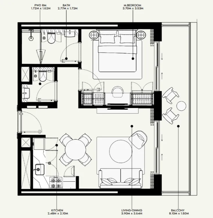 Azizi Venice 1 bed floor plan, 689 sqft