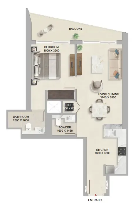 The Tranquil at Sobha Central 1 bed floor plan, 743 sqft
