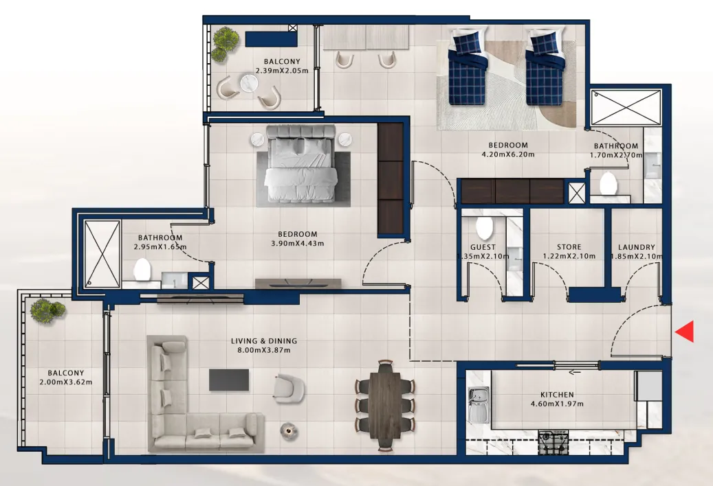 Asayel Avenue 2 bed floor plan, 1,374 sqft
