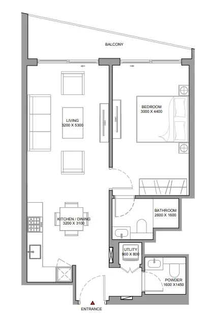 The Serene at Sobha Central 1 bed floor plan, 749 sqft