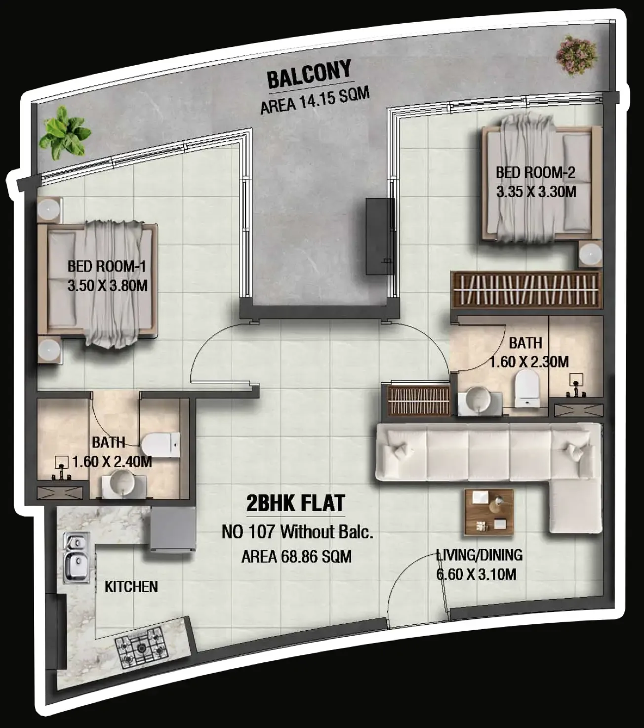 Lincoln Star Residence 4 2 bed floor plan, 893 sqft