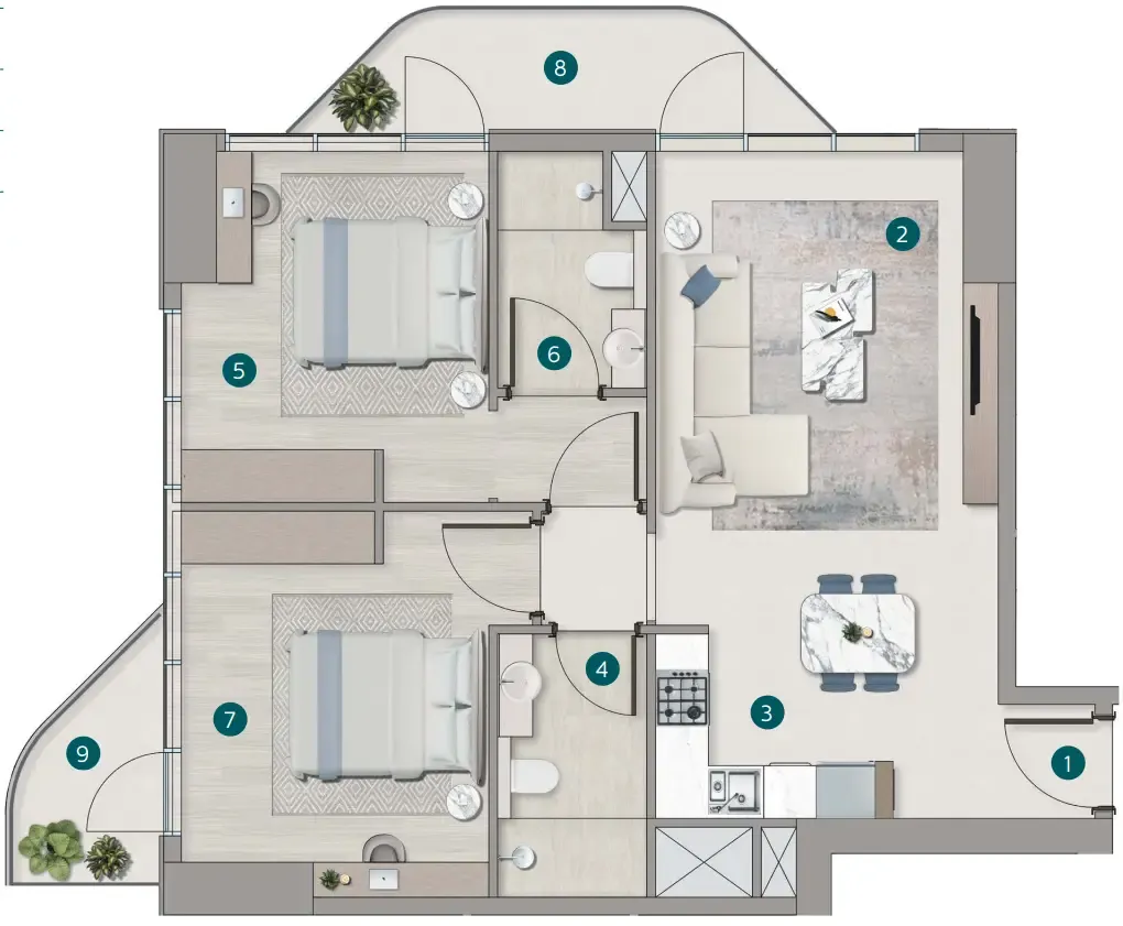 Flora Shore Beachside Residences 2 bed floor plan, 1,086 sqft