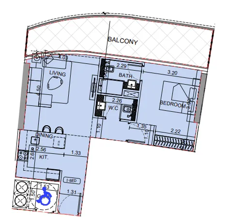 Binghatti Aquarise 1 bed floor plan, 881 sqft