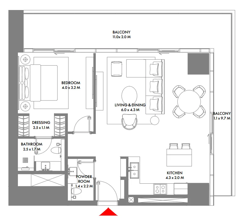 W The Residences by Arada 1 bed floor plan, 1,163 sqft