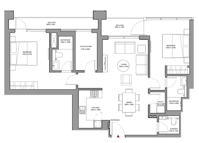 Sobha Solis 2 bed floor plan, 1,473 sqft