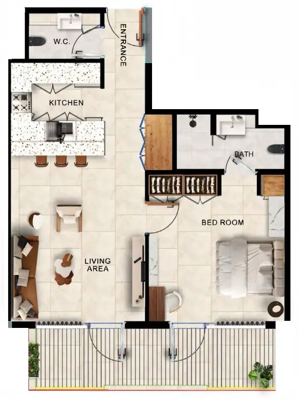 Kingdom Gate 1 bed floor plan, 833 sqft