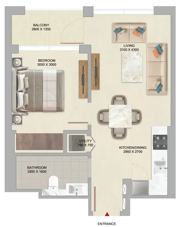 The Woods at Sobha Sanctuary 1 bed floor plan, 543 sqft