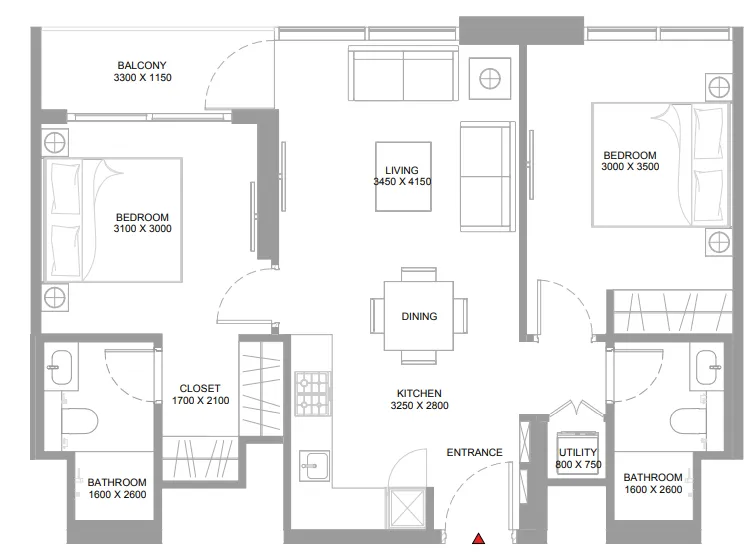 Pristine Beach Residences 2 bed floor plan, 776 – 777 sqft