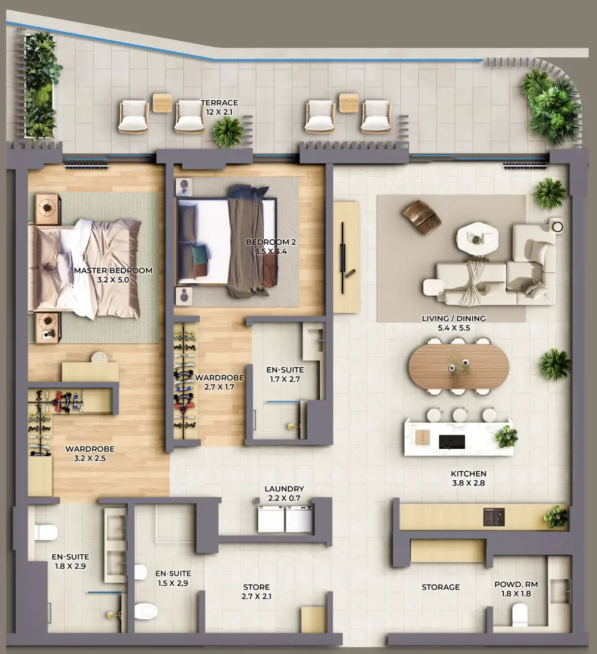 The Cape 2 bed floor plan, 1,865 sqft