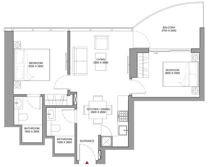 Sobha Aquamont 2 bed floor plan, 741 sqft