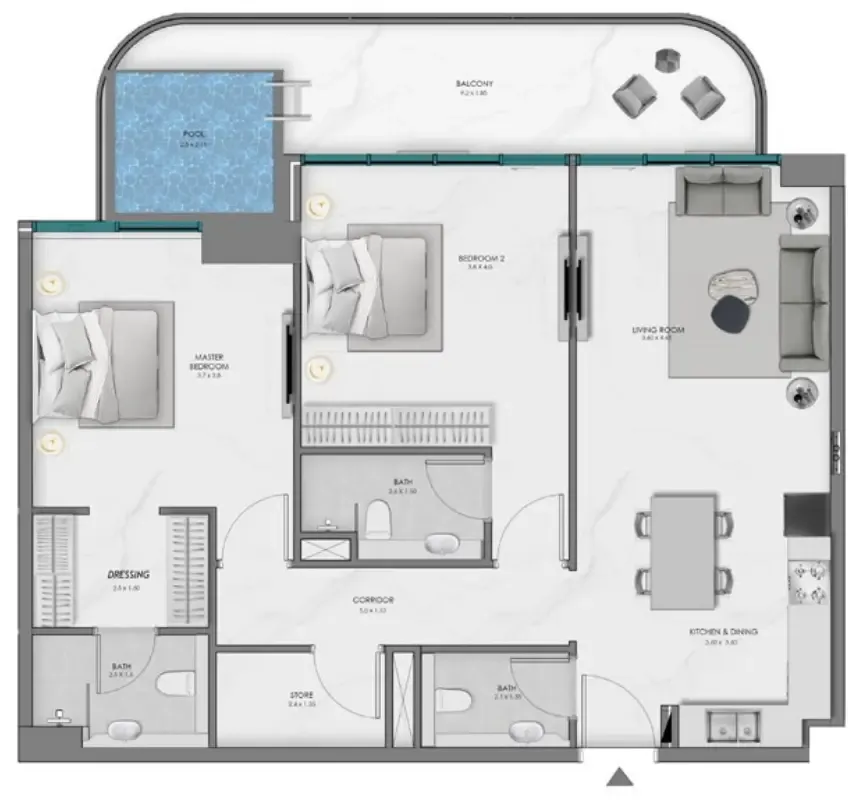 Samana Ocean Bay 2 bed floor plan, 1,213 sqft