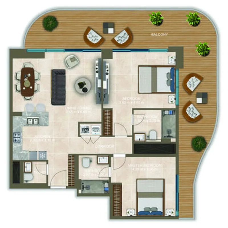 Nova Tower 2 bed floor plan, 1,547 sqft