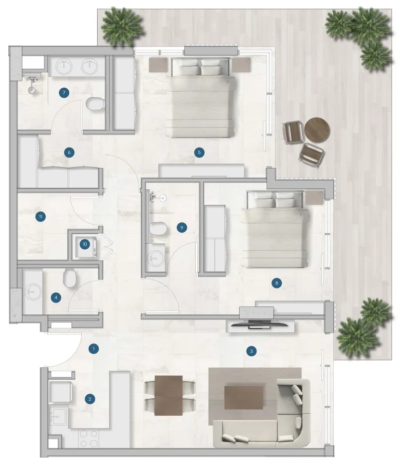 Sola Residences 2 bed floor plan, 1,400 sqft