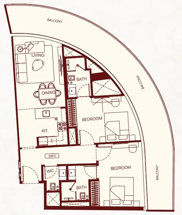 Binghatti Skyflame 2 bed floor plan, 1,212 – 1,257 sqft