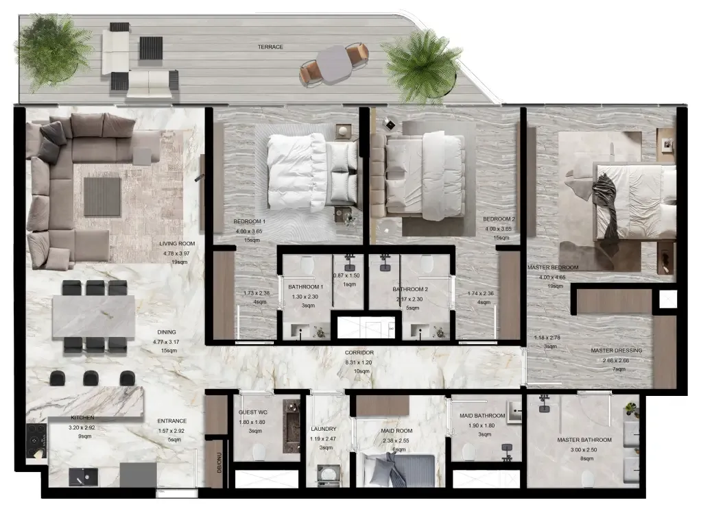 Jacob and Co Beachfront Living 3 bed floor plan, 2,077 sqft