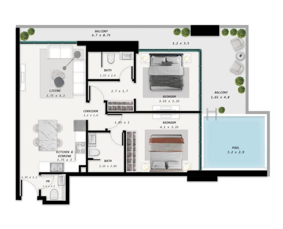 Samana Park Meadows 2 bed floor plan, 1,180 sqft