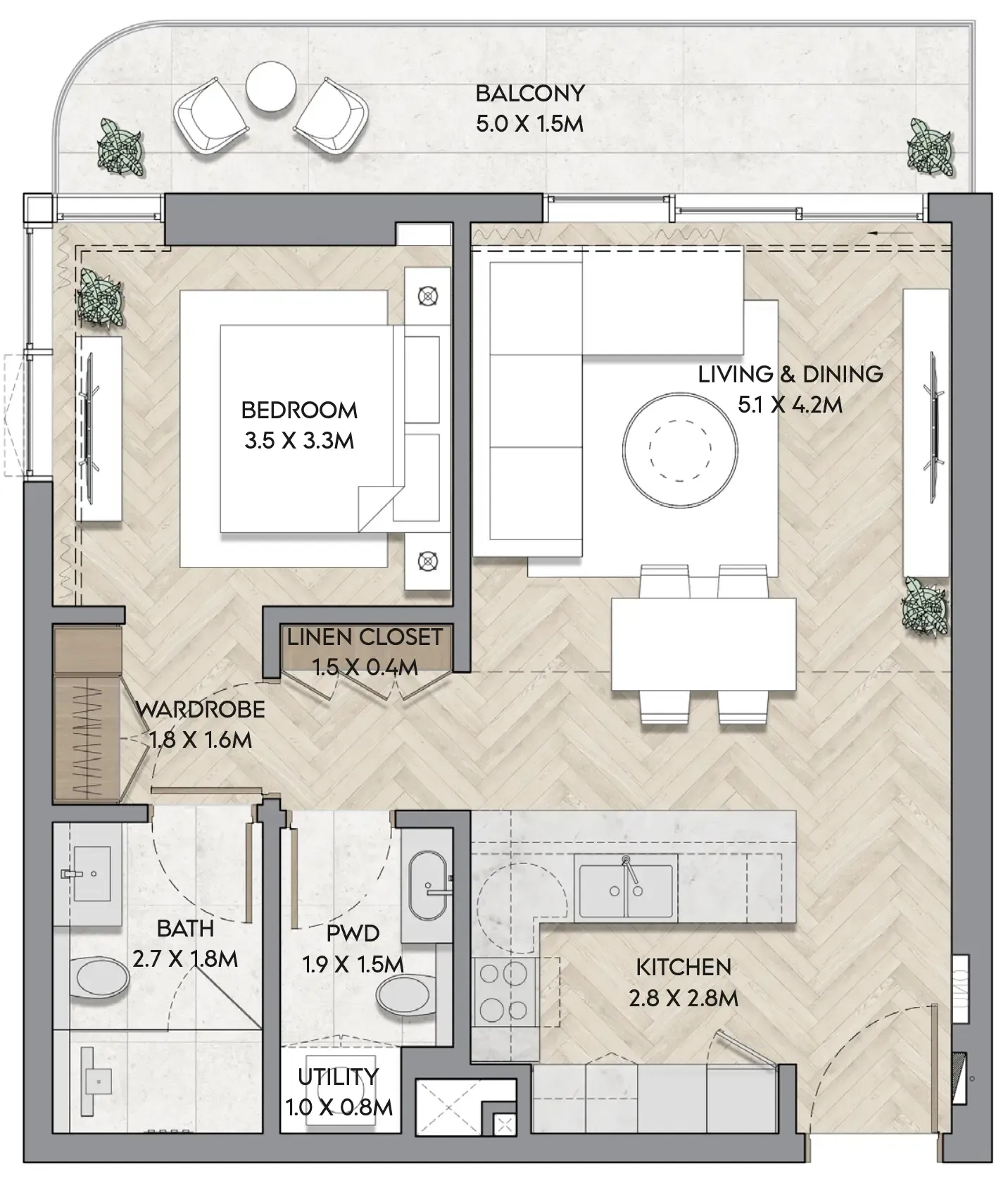 Nura 1 bed floor plan, 847 – 848 sqft