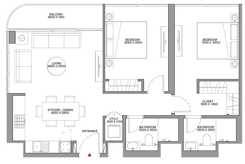 Beach Residences at Siniya Island 2 bed floor plan, 876 sqft