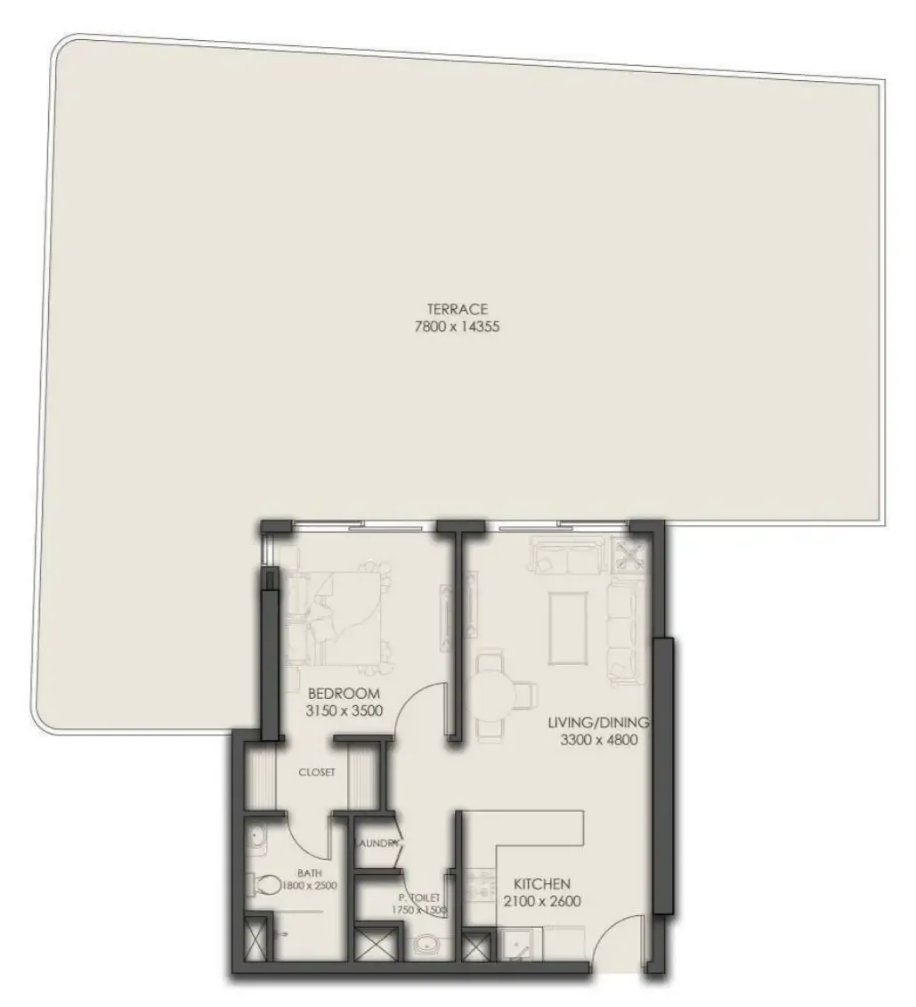 Park Residency 1 bed floor plan, 1,958 sqft