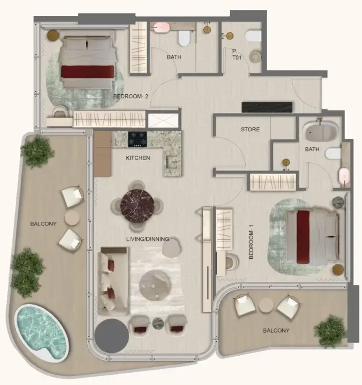 Treppan Serenique Residences 2 bed floor plan, 1,415 – 1,416 sqft