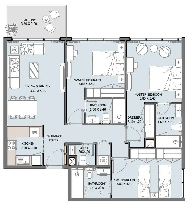 Oceana 3 bed floor plan, 1,184 sqft
