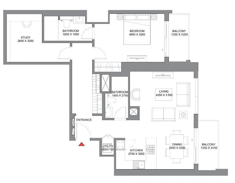 350 Riverside Crescent 1 bed floor plan, 1,145 sqft