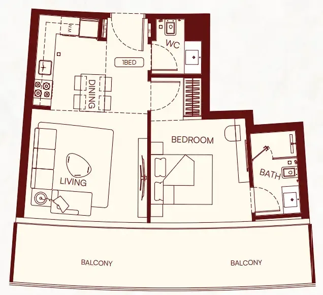 Binghatti Skyflame 1 bed floor plan, 740 sqft