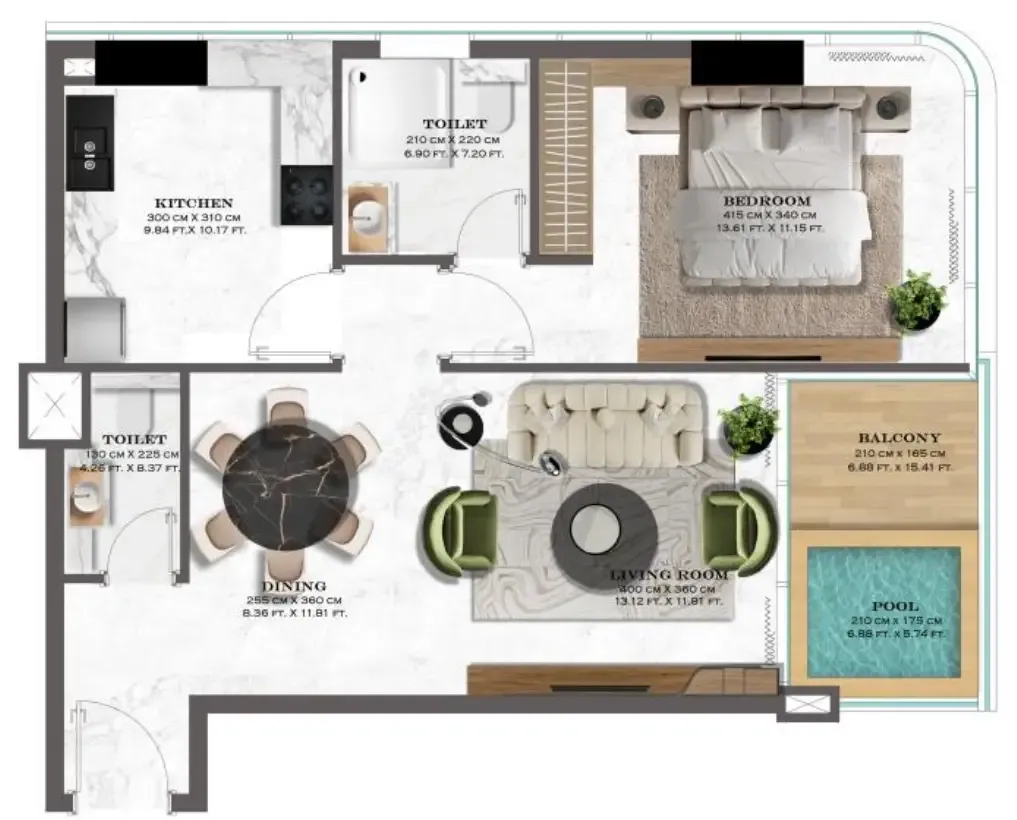 Lazord by Lapis Phases 1 and 2 1 bed floor plan, 808 sqft