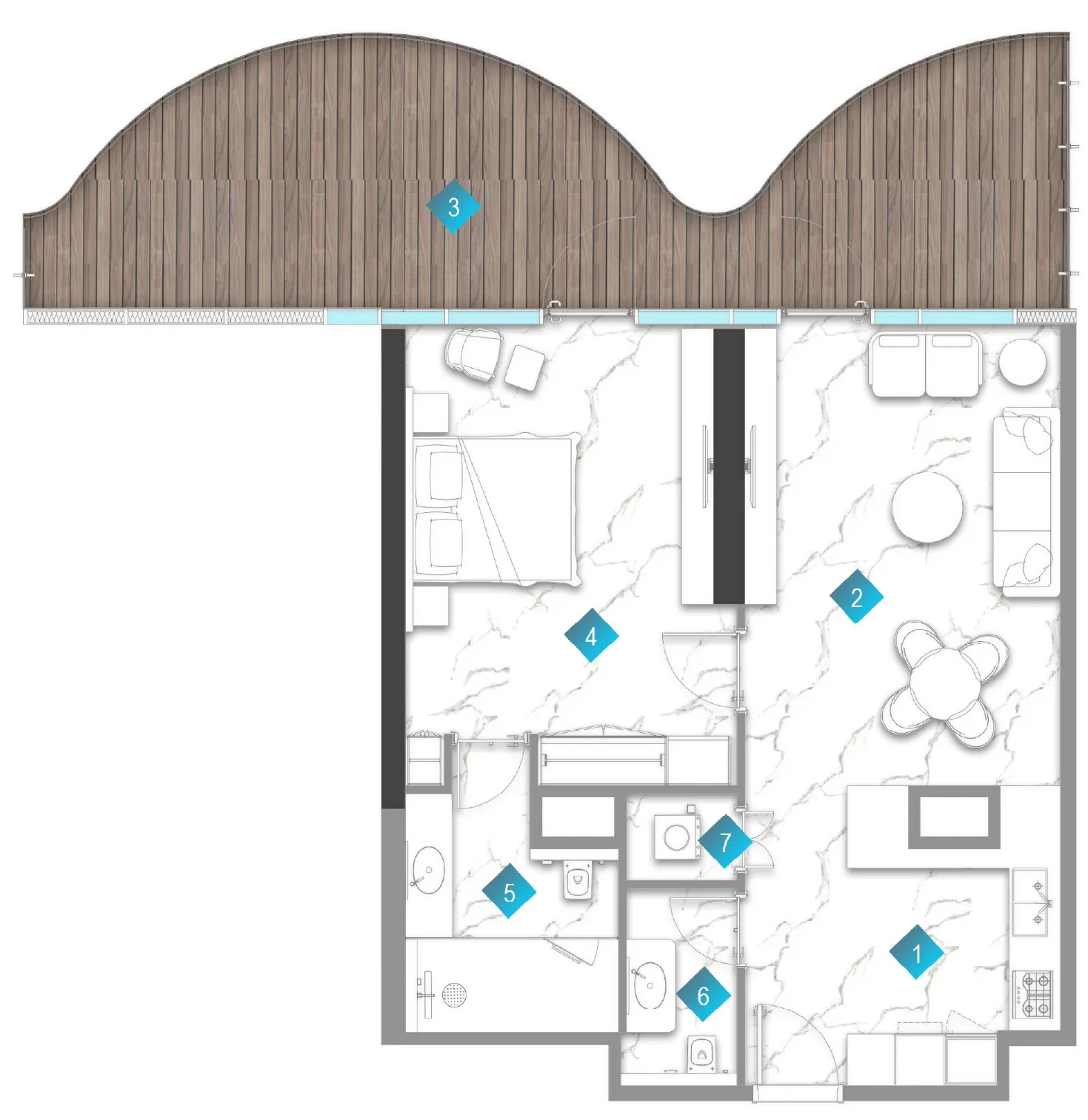 Aqua Arc 1 bed floor plan, 1,218 sqft