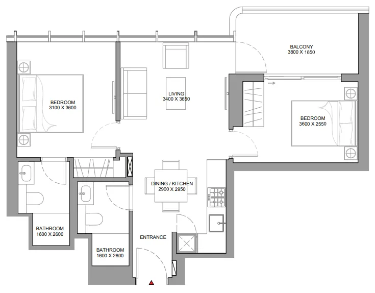 Sobha Aquamont 2 bed floor plan, 720 – 721 sqft